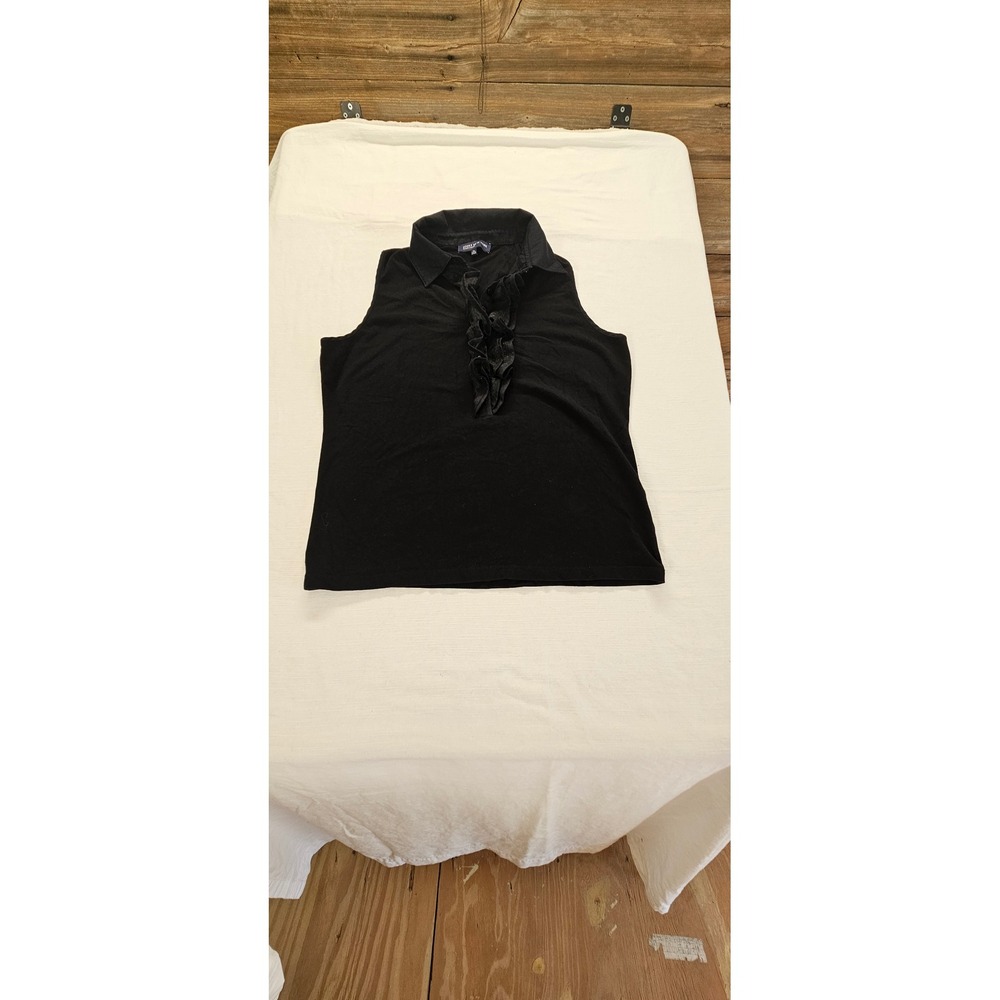 Jones‎ New York Signature Womens XL Black Ruffle Button Sleeveless Polo Top